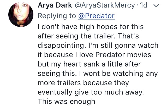 Arya Dark comment on Predator trailer