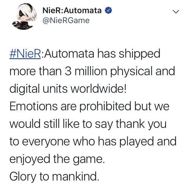 Nier Automata tops 3 million sales twitter