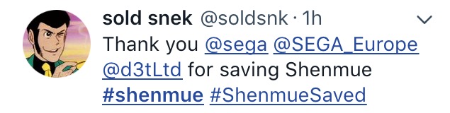 Shenmue saved SEGA twitter 4 sold snek