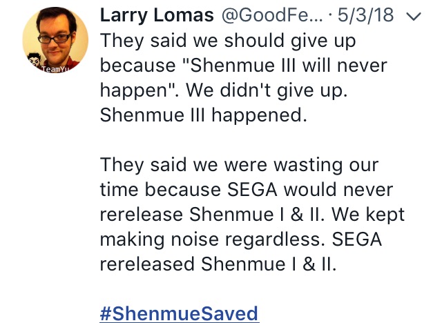 Shenmue saved SEGA twitter 8 Larry Lomas