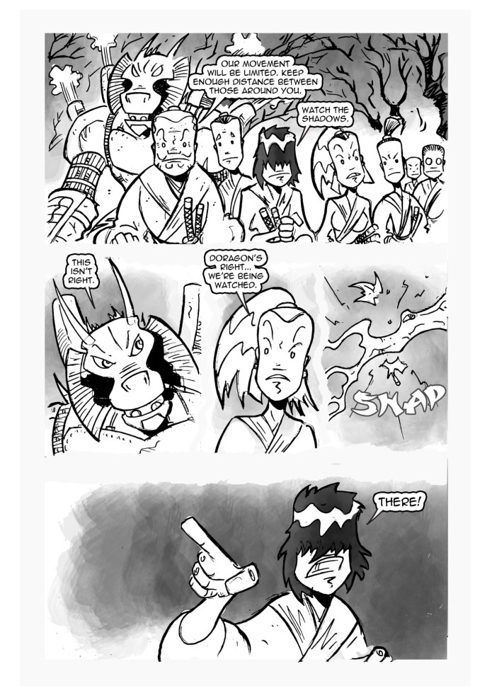 Samurai and Dinosuars sample page No. 3 "We're being Watched"