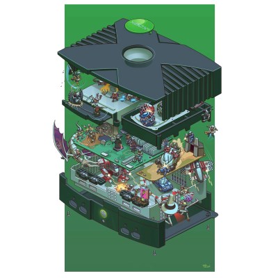 exploded-micorosoft-xbox-retro-console-poster