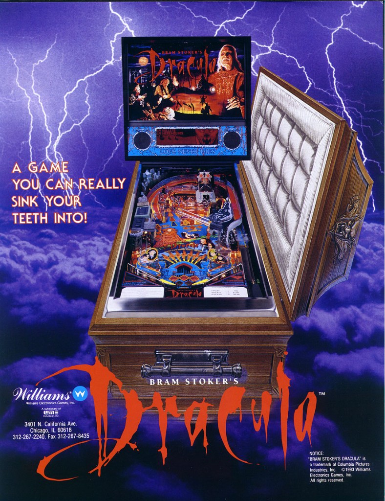 Flyer artwork for Williams' 1993 Bram Stoker's Dracula pinball machine, showing Dracula and his castle.