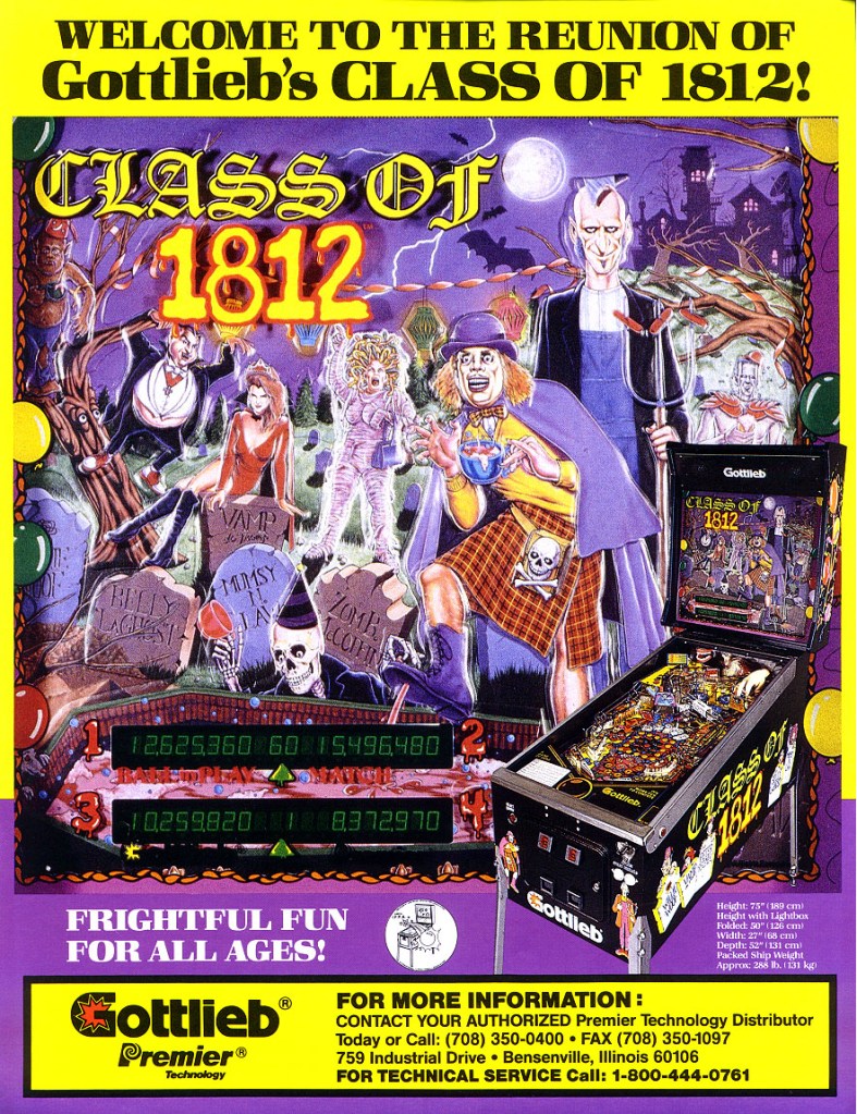 Flyer artwork for Gottlieb's 1991 Class of 1812 pinball machine, with Napoleonic-era battle-themed art.