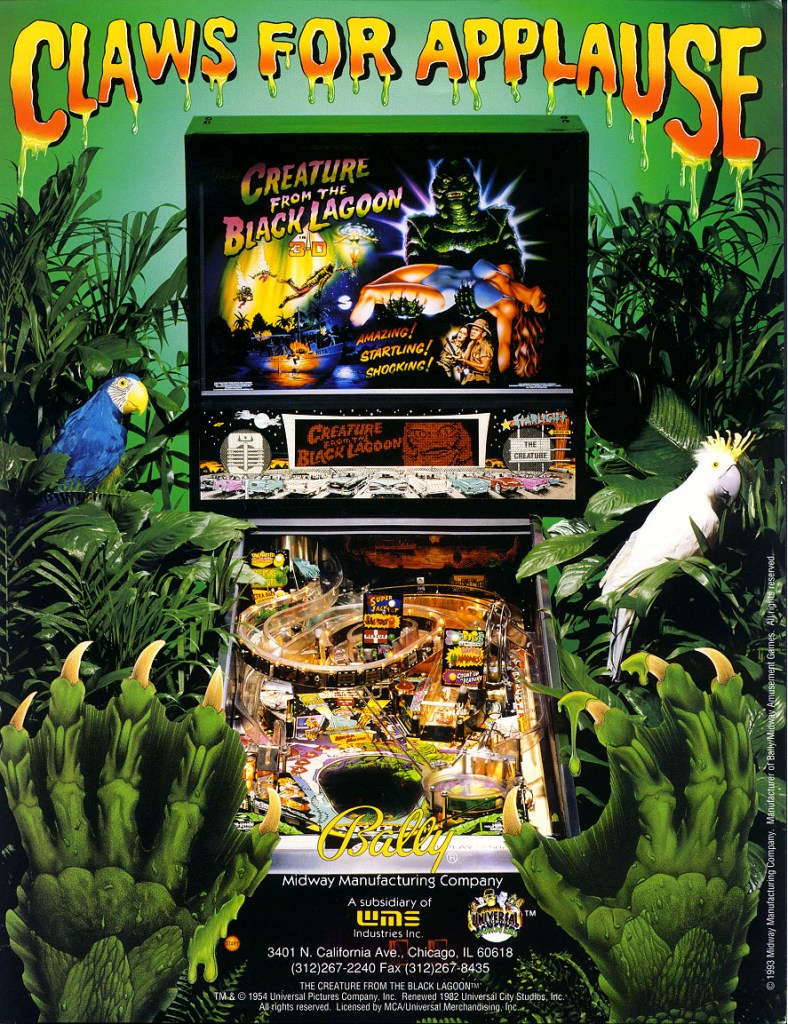 Flyer artwork for Bally's 1992 Creature from the Black Lagoon pinball machine, showing the Creature rising from the lagoon.