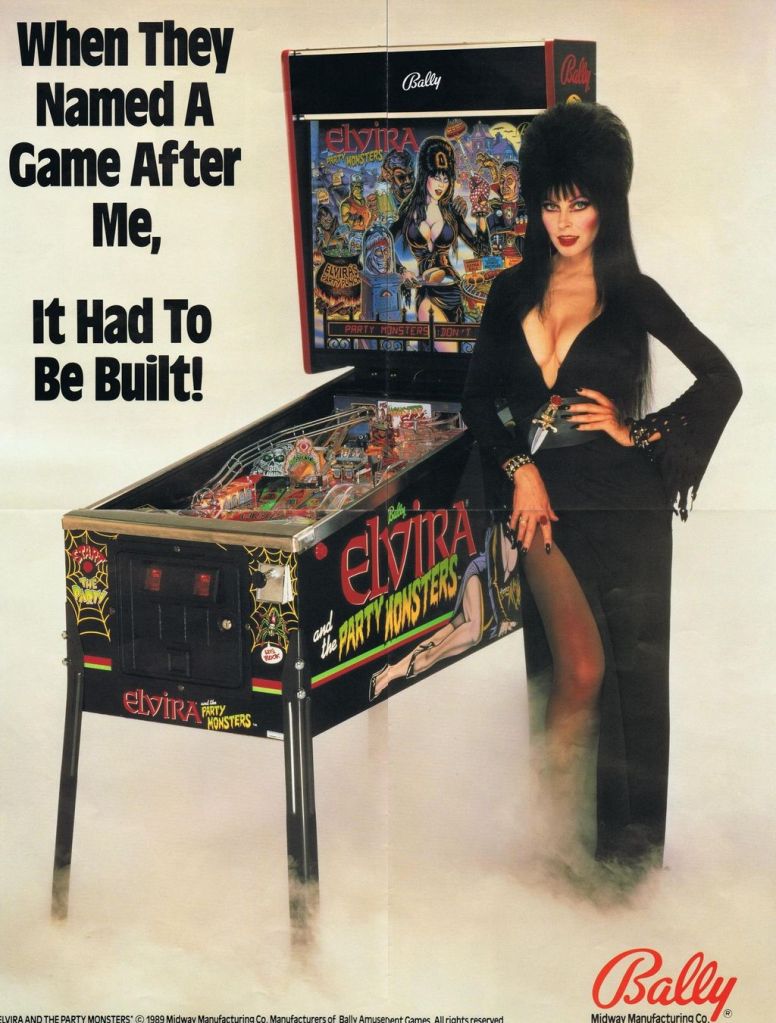 Flyer artwork for Bally's 1989 Elvira and the Party Monsters pinball machine, featuring Elvira, Mistress of the Dark.