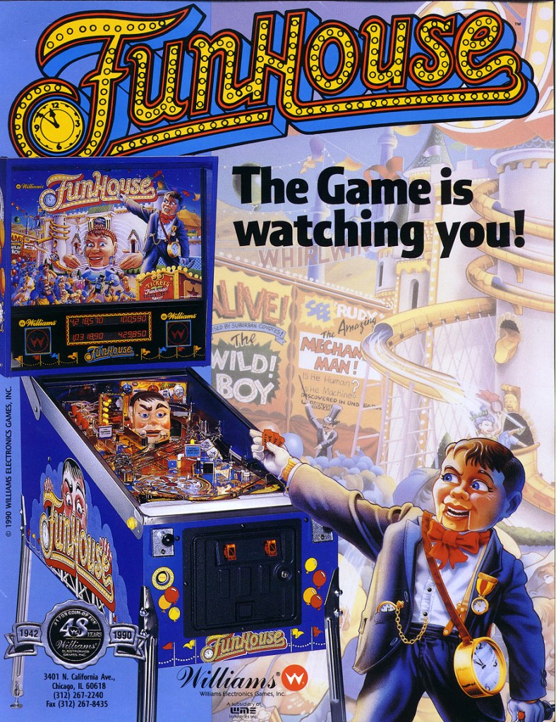 Flyer artwork for Williams' 1990 FunHouse pinball machine, featuring Rudy the talking ventriloquist dummy.