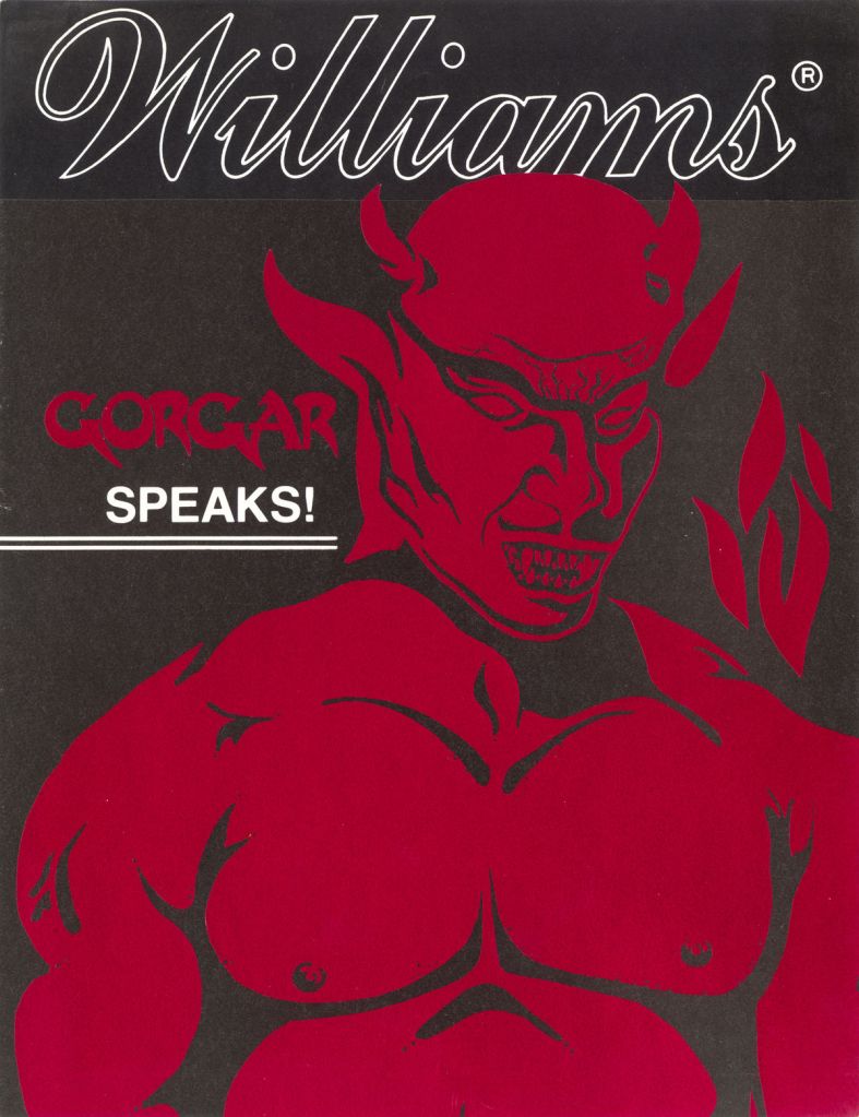 Flyer artwork for Williams' 1979 Gorgar pinball machine, showing the demon Gorgar.