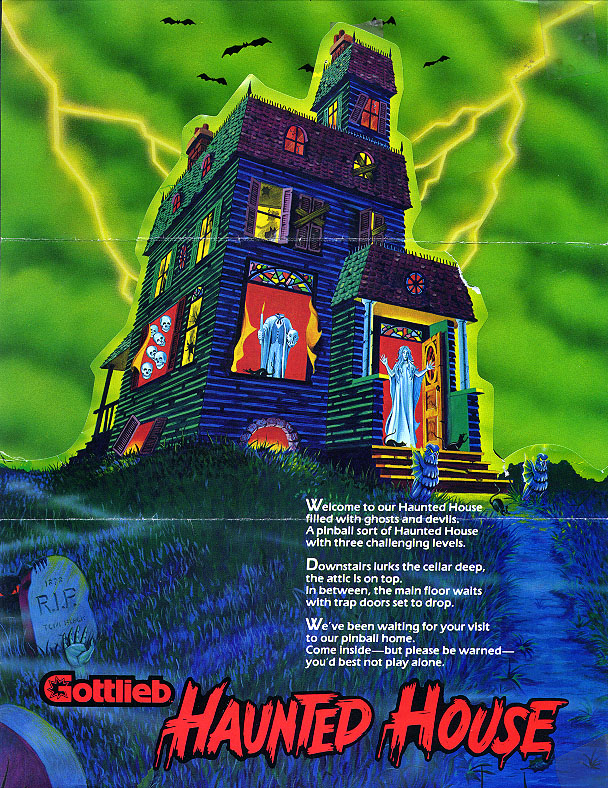 Flyer artwork for Gottlieb's 1982 Haunted House pinball machine, showing a spooky haunted mansion.