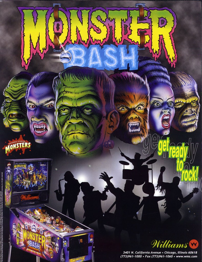 Flyer artwork for Williams' 1998 Monster Bash pinball machine, showing the classic movie monsters as a rock band.