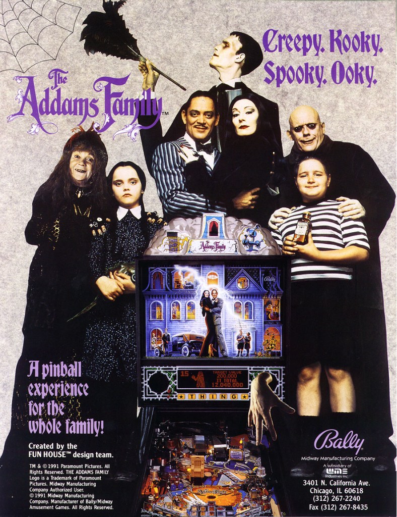 Flyer artwork for Bally's 1992 The Addams Family pinball machine, showing Gomez and Morticia Addams at their haunted mansion.