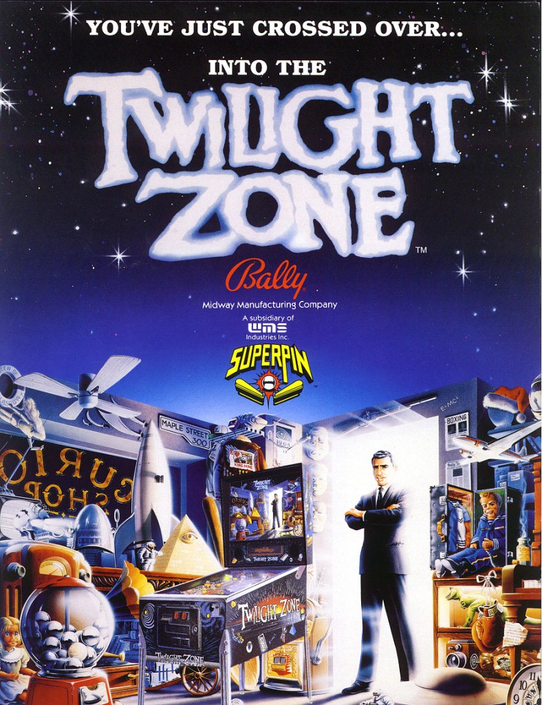 Flyer artwork for Bally's 1993 Twilight Zone pinball machine, featuring the show's mysterious door and dimension-themed art.