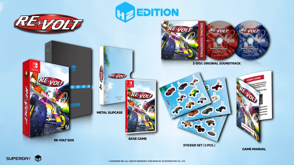 Image of the RE-VOLT H2 Edition game packaging, including the RE-VOLT box, metal slipcase, original soundtrack CDs, sticker set, and game manual.
