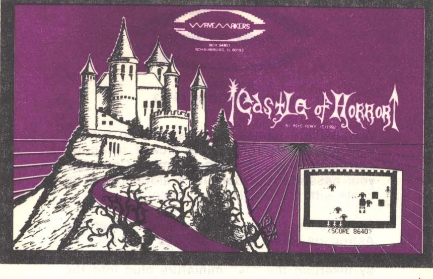 Cover art for Castle of Horror on the Bally Astrocade, showing a castle on a cliff above a winding path, with a small gameplay screenshot.