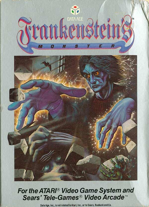 Cover art for Frankenstein's Monster on the Atari 2600, showing the Monster reaching through crumbling stone toward a frightened face, with lightning behind him.