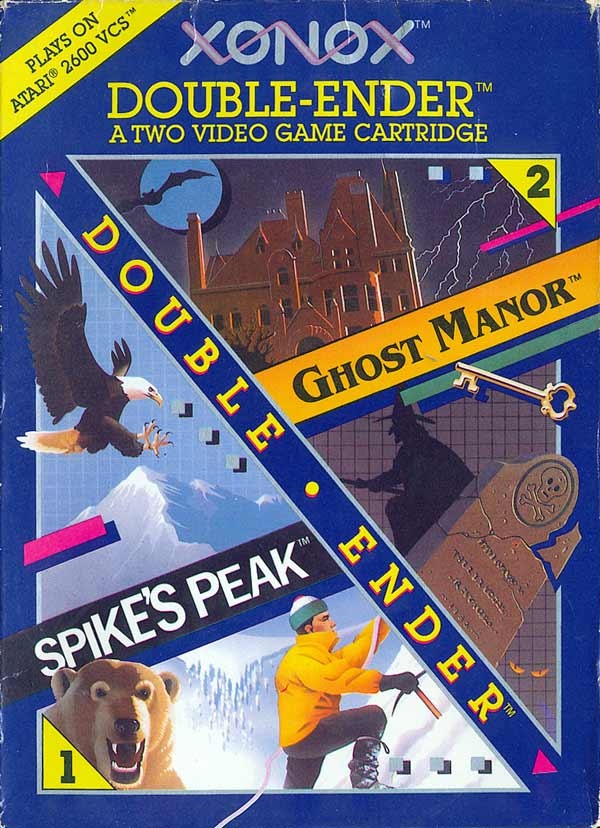Combined box art for the Xonox Double-Ender cartridge pairing Ghost Manor with Spike's Peak on the Atari 2600, showing a haunted mansion, a tombstone, and a shadowy figure holding a key.