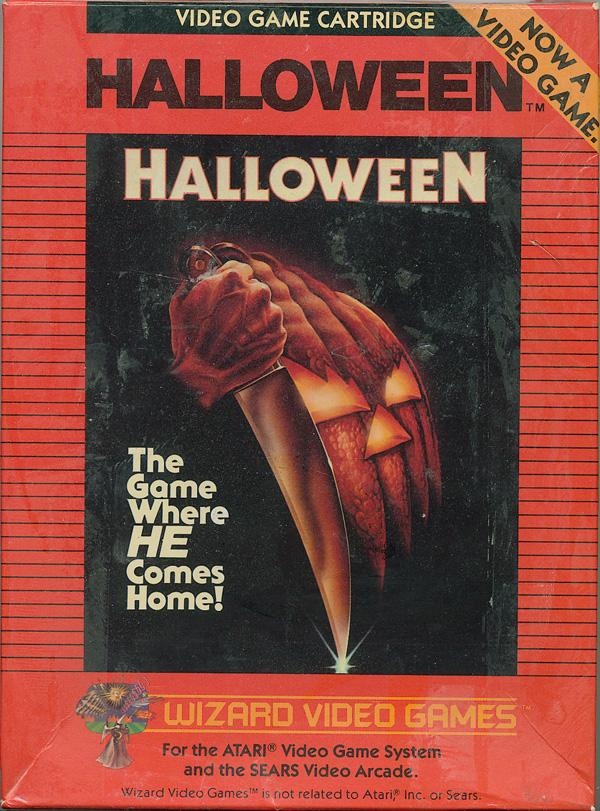 Cover art for Halloween on the Atari 2600, showing a hand holding a large knife over a carved jack-o'-lantern.