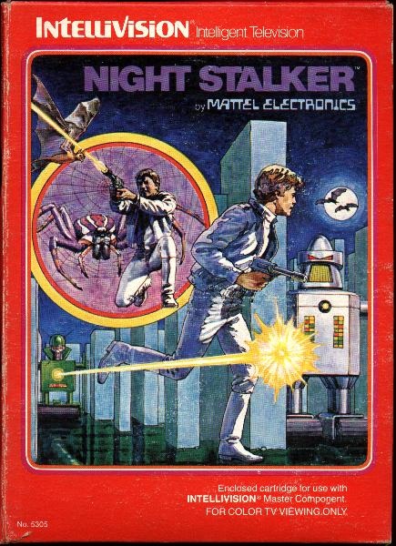 Cover art for Night Stalker on the Intellivision, showing a man with a laser gun fleeing a robot and a giant spider in a maze.