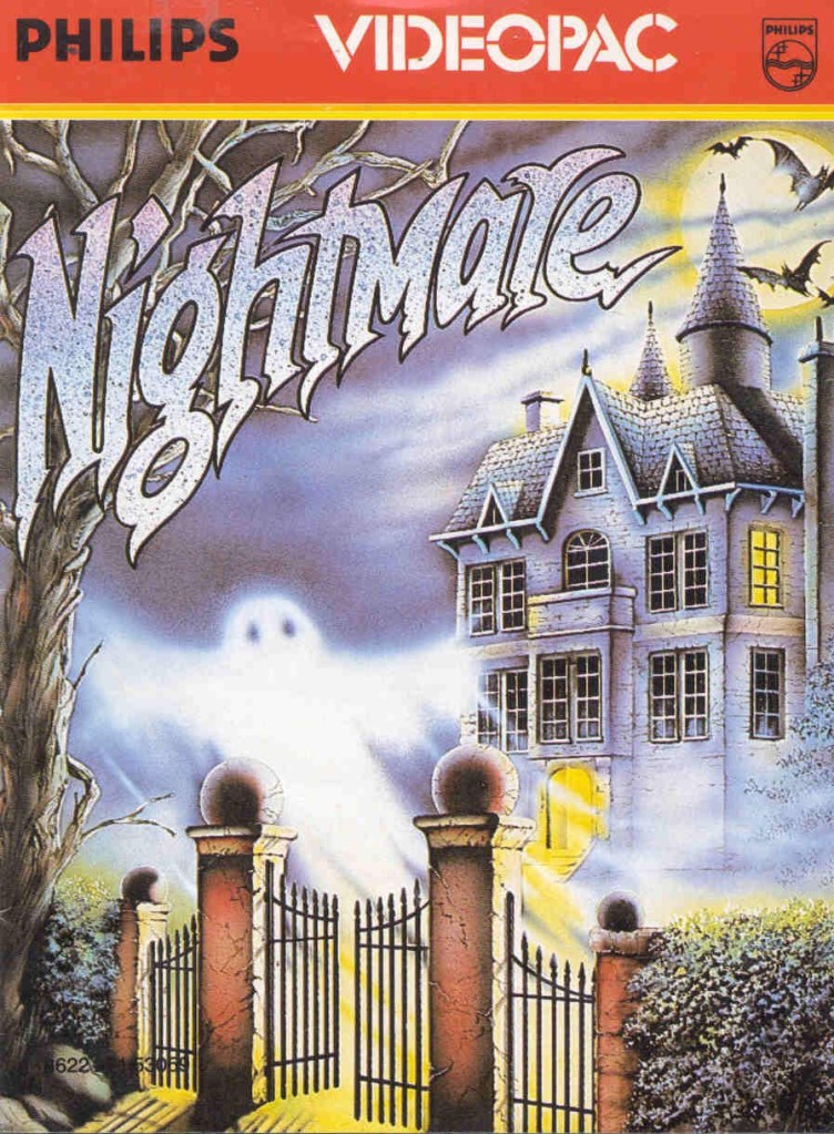 Cover art for Nightmare on the Philips Videopac, showing a ghost drifting through the gates of a haunted mansion under a full moon, with bats in the sky.