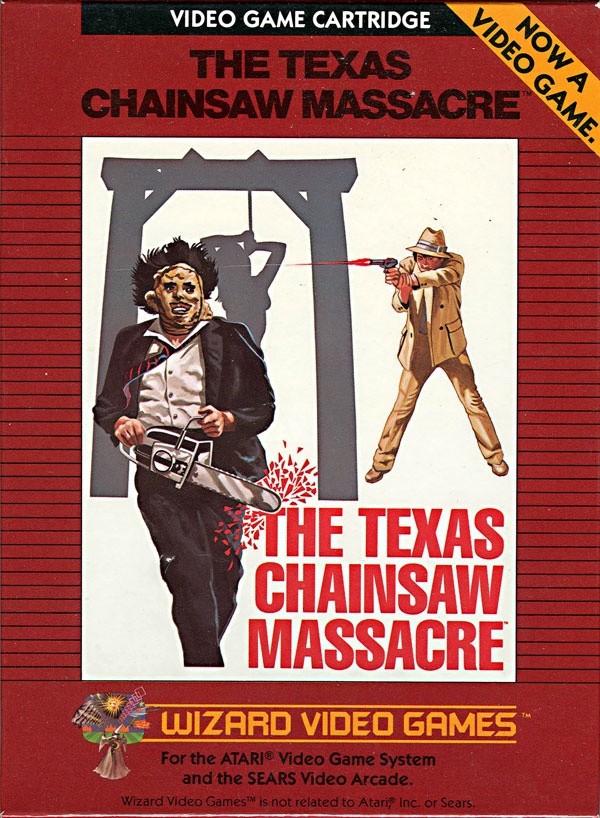 Cover art for The Texas Chainsaw Massacre on the Atari 2600, showing Leatherface holding a chainsaw in front of a gallows, while a man in a suit fires a pistol.