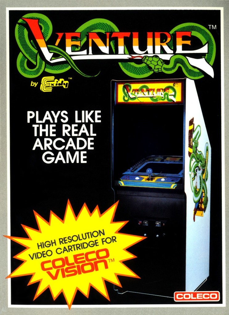 Box art for Venture on the ColecoVision, showing the original arcade cabinet beneath a green serpent logo.
